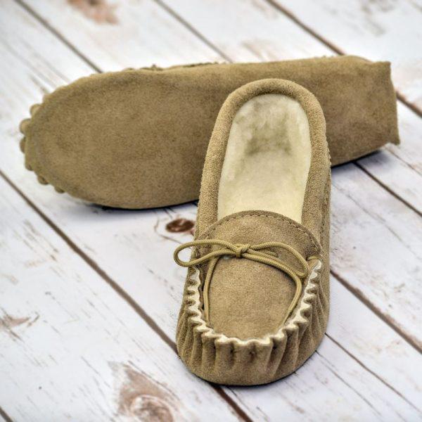 Beige British Made Suede Moccasin Slippers on white floor