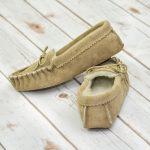 Beige British Made Suede Moccasin Slippers on white wash flooring