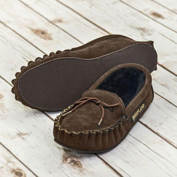 Traditional Handmade Chocolate Brown Sheepskin Moccasin Slippers Sheepskin.co.uk
