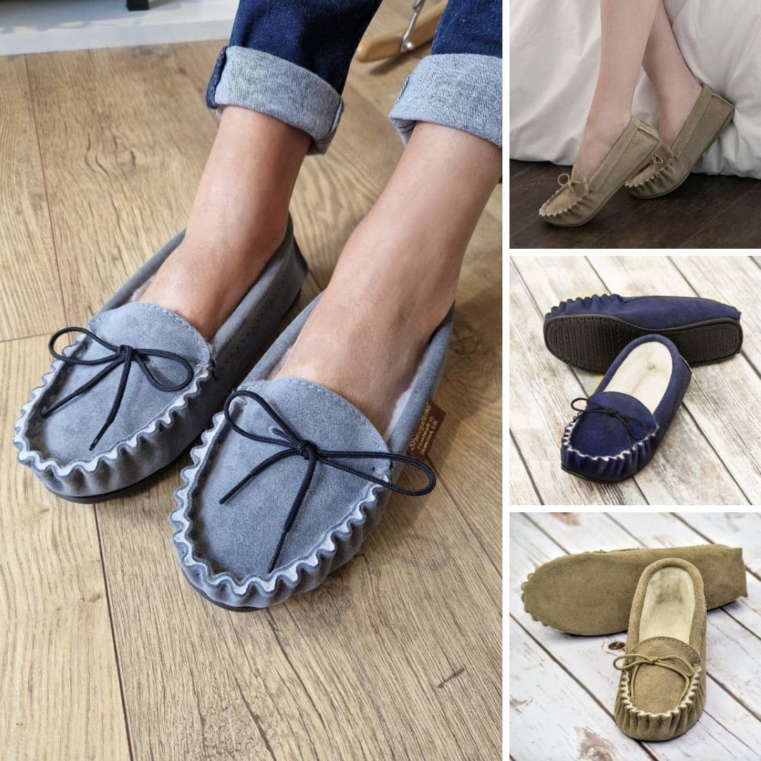 Made Suede Moccasin Slippers in Navy and Grey -