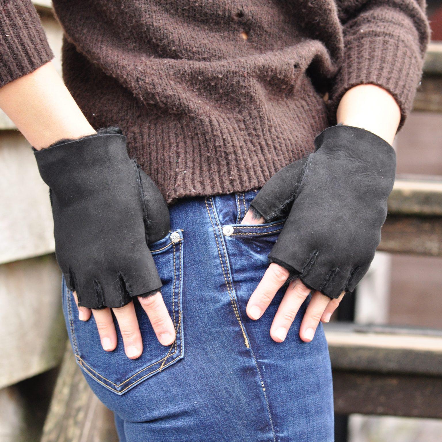 Somerset Made Sheepskin Fingerless Gloves for Ladies Black, Tan