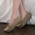 Beige British Made Suede Moccasin Slippers being worn at home