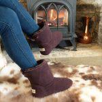 Dark Brown Luxury Sheepskin Slipper Boot on sheepskin by fireplace