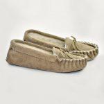 Beige British Made Suede Moccasin Slippers on plain white background