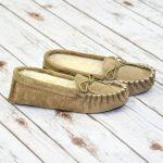 Beige British Made Suede Moccasin Slippers in Beige or Navy