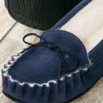 Navy British Made Suede Moccasin Slippers vamp detail