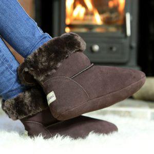 Dark Brown Luxury Sheepskin Slipper Boot in front of fire