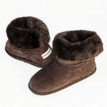 Chocolate sheepskin slipper boots, slipper pose with collar folded down, showing detail