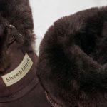 Chocolate sheepskin slipper boots, sheepskin collar and label detail