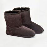Sheepskin chocolate slipper boot with a white background