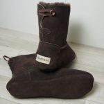 British made mocha house boots on a wooden background, toggle detail