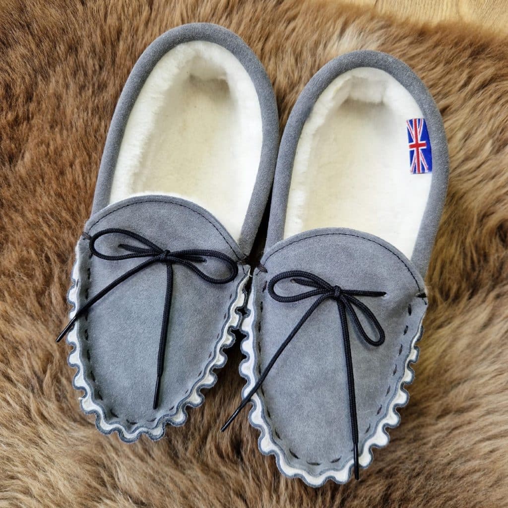 Somerset British Sheepskin Moccasin Slippers in Grey - Sheepskin.co.uk