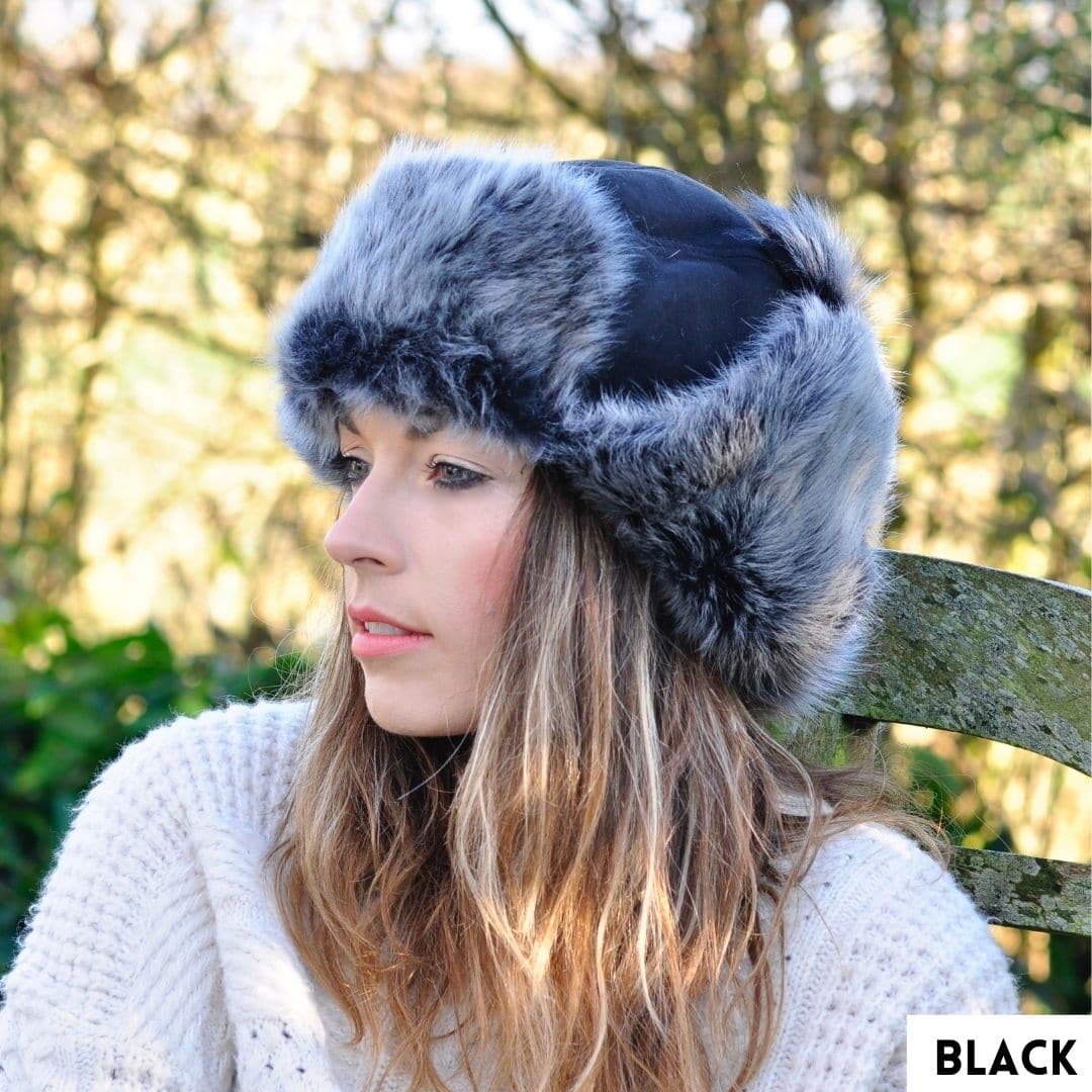 Sheepland Unisex 100 Toscana Sheepskin Trapper Hat Black & Chocolate Sheepskin.co.uk
